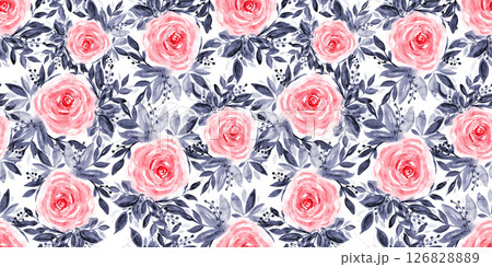 Vintage watercolor textured floral seamless pattern of pink roses with deep indigo blue leaves. Delicate botanical painting flowers print for textile, wallpaper, wrapping paper, surface design Vintage watercolor textured floral seamless pattern of pink roses with deep indigo blue leaves. Delicate botanical painting flowers print for textile, wallpaper, wrapping paper, surface design 126828889