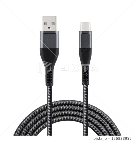 Black cable for charging and synchronization with Type - C and USB connectors on a white isolated background Black cable for charging and synchronization with Type - C and USB connectors on a white isolated background 126828953