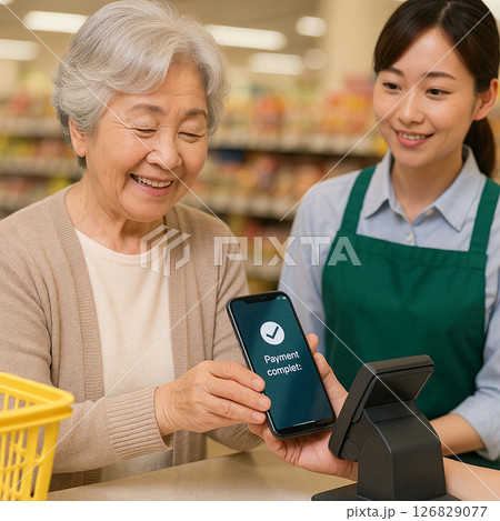 スマホでキャッシュレス決済をするシニア女性 126829077