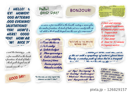 Ripped paper strips with handwritten text. Realistic crumpled paper scraps with torn edges. Shreds of notebook, book or old newspaper pages. Trendy collage elements. Vector illustration 126829157