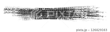 Grunge tire tracks with mud splatters, dirty wheel braking marks. Truck, car, or motorcycle tread pattern silhouettes. Perfect for off-road, motorsport, and racing designs. Vector illustration 126829163