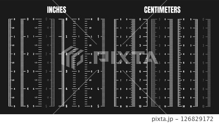 Vertical centimeter and inch scale for measuring length or height. Various measurement scales with divisions. Ruler, tape measure marks, size indicators. Vector illustration 126829172