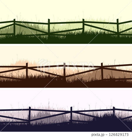 Meadow silhouettes with grass and old wooden fence. Countryside, panoramic summer lawn rural landscape with herbs, weeds. Herbal border, frame element. Brown horizontal banners. Vector illustration 126829173