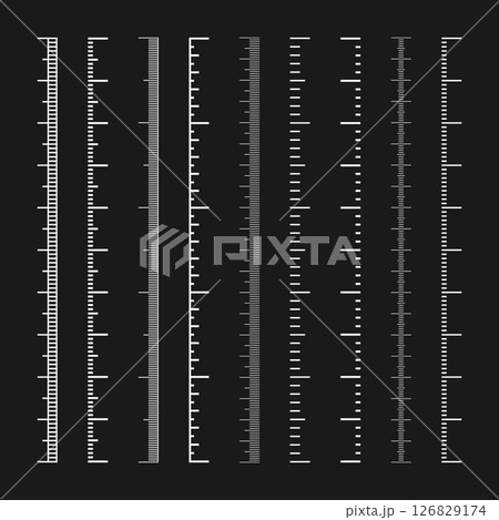 Vertical measurement scales with divisions. Realistic scale for measuring length or height in centimeters, millimeters or inches. Ruler, tape measure marks, size indicators. Vector illustration 126829174