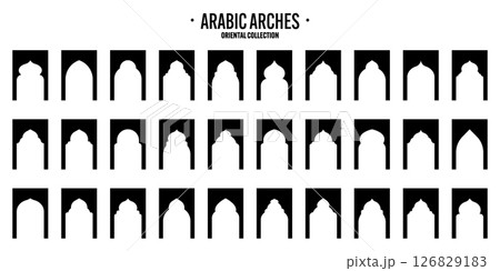 Islamic frames, oriental style objects. Arabic shapes, windows and arches. Traditional ornamental banner, frame. Muslim holidays, Ramadan Kareem. Modern eastern architecture. Vector illustration Islamic frames, oriental style objects. Arabic shapes, windows and arches. Traditional ornamental banner, frame. Muslim holidays, Ramadan Kareem. Modern eastern architecture. Vector illustration 126829183