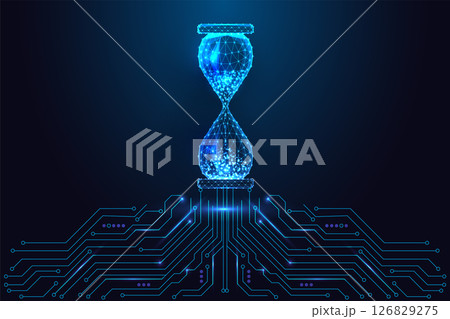 AI time optimization and digital transformation concept with glowing hourglass and circuit board AI time optimization and digital transformation concept with glowing hourglass and circuit board 126829275