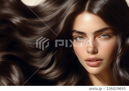 Elegant portrait with flowing brown hair in soft light. Neural network AI generated Elegant portrait with flowing brown hair in soft light. Neural network AI generated 126829693