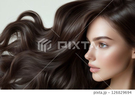 Elegant brunette portrait with flowing hair on light background. Neural network AI generated Elegant brunette portrait with flowing hair on light background. Neural network AI generated 126829694