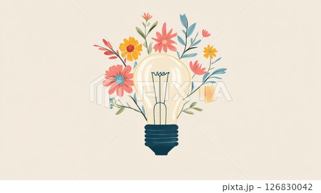 Light bulb with floral arrangement of colorful flowers on beige background. Creativity and innovation concept 126830042