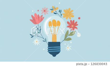 Light bulb surrounded by colorful floral design on blue background. Creativity and inspiration concept 126830043