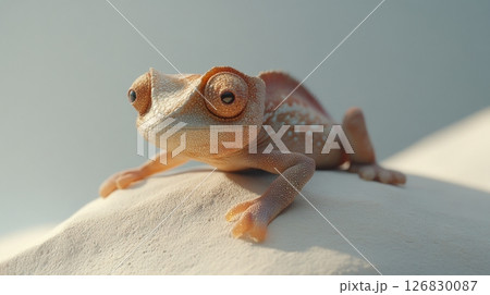 Chameleon with big eyes on a sandy surface under soft daylight. Wildlife and adaptation concept 126830087