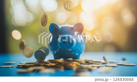 Blue piggy bank with bitcoin coins falling around it on a sunny day. Cryptocurrency savings and investment concept 126830088