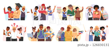 Nerd children schoolboys and schoolgirls characters cartoon bubble isolated set on white background 126830131
