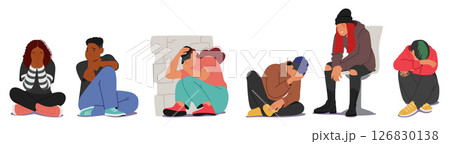 Sad teenagers cartoon characters feeling depressed and lonely suffering from heavy thoughts Sad teenagers cartoon characters feeling depressed and lonely suffering from heavy thoughts 126830138