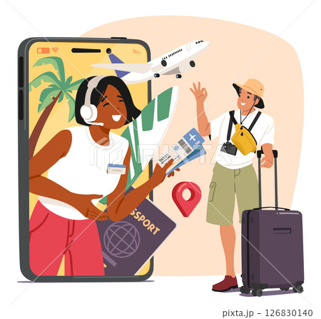 Woman travel agency agent providing professional service in tour organization support cartoon scene Woman travel agency agent providing professional service in tour organization support cartoon scene 126830140