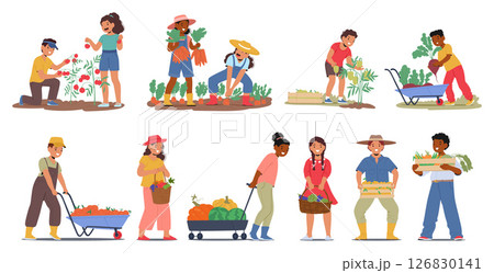 Kid farmers cartoon characters harvesting fruits and vegetables enjoying agricultural activity set Kid farmers cartoon characters harvesting fruits and vegetables enjoying agricultural activity set 126830141