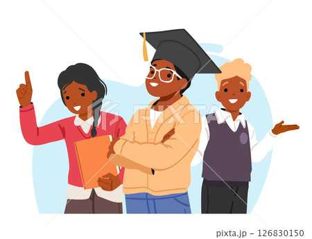 Smart cheerful nerd kids cartoon characters celebrating school graduation bubble design element 126830150