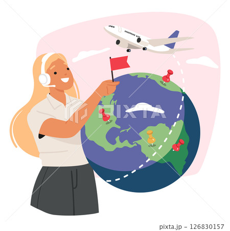 Woman travel agency agent cartoon character advertising exciting worldwide flight trip adventure 126830157