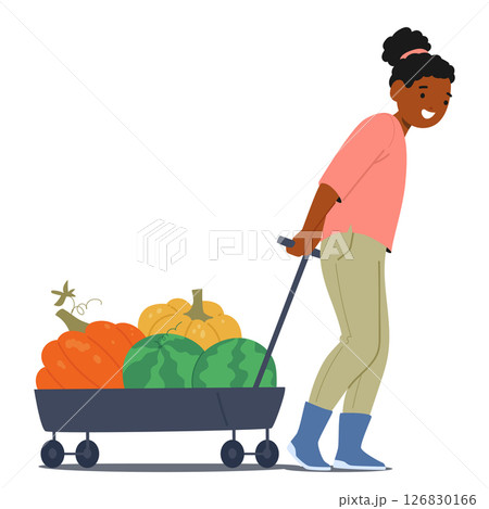 Smiling girl farmer cartoon character carrying wheelbarrow with pumpkin and watermelon harvest Smiling girl farmer cartoon character carrying wheelbarrow with pumpkin and watermelon harvest 126830166