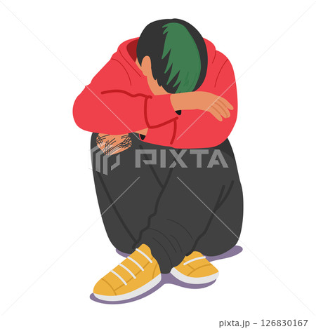 Hipster teenage guy cartoon character in emotional stress feeling sad and fatigue isolated on white 126830167