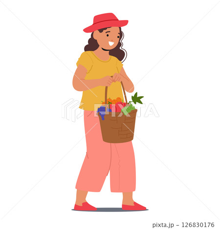 Pretty little girl farmer cartoon character carrying basket with seasonal garden fruits crop 126830176