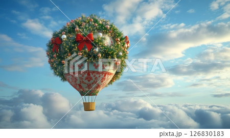 Festive hot air balloon adorned with Christmas decorations flying above clouds against blue sky. Holiday celebration and winter adventure concept 126830183