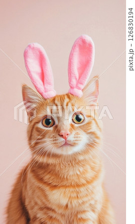 Orange tabby cat with pink bunny ears against soft pink background, cute pet portrait. Whimsical and playful animal concept 126830194