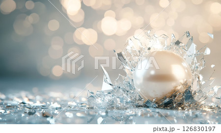 Shimmering pearl among shattered glass with glowing bokeh background, symbolizing elegance and beauty. Precious luxury and fragility concept 126830197