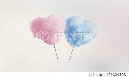 Two heart-shaped cotton candies with pink and blue watercolor texture on white background. Sweet treat and childhood nostalgia concept 126830198