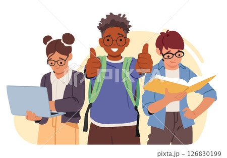 Nerd children cartoon characters with book and laptop for study enjoying school education bubble 126830199