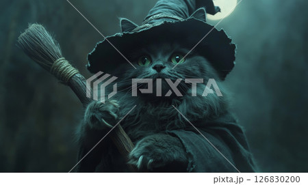 Adorable gray cat wearing a witch hat with broom in moonlit forest, magical fantasy atmosphere. Halloween and mystical creatures concept 126830200