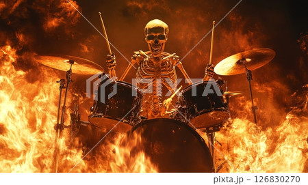 Skeletal drummer surrounded by flames playing a drum set, fiery background. Rock music and Halloween concept 126830270