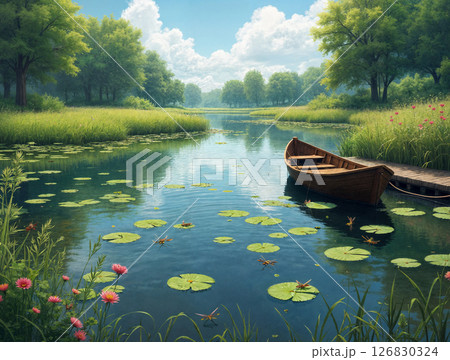 Wooden boat on the lake with lotus flowers in the park 126830324