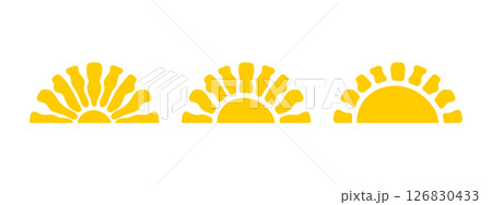 Cute silhouettes of half suns. Wavy yellow sunny rays in semicircle shape. Sunburst, sunrise or sunset signs. Summer theme modern print. Happy positive vibes concept. Vector flat illustration 126830433