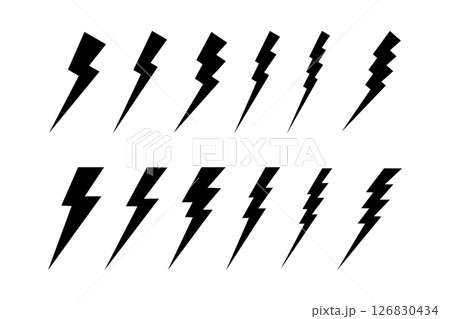 Set of bolt icons. Lightning silhouettes. Thunderstorm signs isolated on white background. Flashlight, energy, power or danger symbols. Battery charging pictograms. Vector graphic illustration 126830434