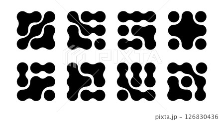 Set of metaball pattern samples. Fluid drops or morph shapes background. Organic blobs, neurons or molecules isolated on white background. Connected dots print. Vector graphic illustration 126830436