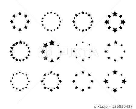 Set of round frames with stars isolated on white background. Prize, success or award circle shaped banner. Starry ring emblem or stamp print with empty space inside. Vector graphic illustration 126830437