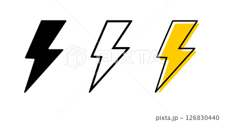 Set of thunderbolt icons. Collection of lightning signs isolated on white background. Electricity, energy, power or warning symbols. Cartoon shock, dramatic or danger pictograms. Vector illustration 126830440