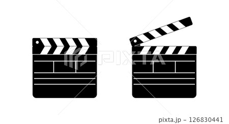 Closed and open movie clapboard silhouettes. Clapper boards isolated on white background. Camera and action concept. Video production tools for use in filming area. Vector graphic illustration 126830441