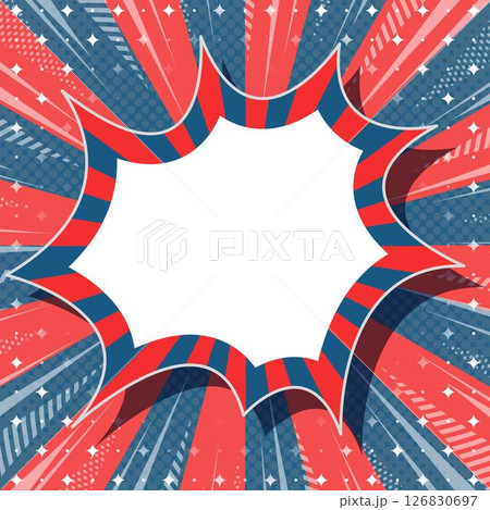 ハーフトン柄入りのサンバーストとトゲトゲのフレーム背景、集中線とキラキラのデコレーション 126830697