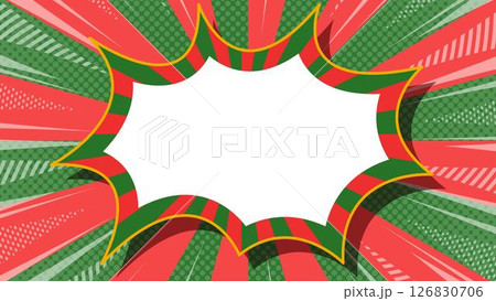 ハーフトン柄入りのサンバーストとトゲトゲのフレーム背景、集中線のデコレーション、クリスマスカラー 126830706