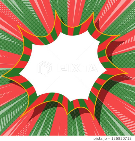 ハーフトン柄入りのサンバーストとトゲトゲのフレーム背景、集中線のデコレーション、クリスマスカラー ハーフトン柄入りのサンバーストとトゲトゲのフレーム背景、集中線のデコレーション、クリスマスカラー 126830712