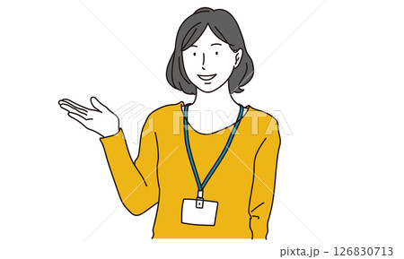IDカードケースを下げた女性が案内をするイラスト素材 126830713