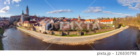 Panoramic view of Cesky Krumlov at sunset, Czech Republic 126830798
