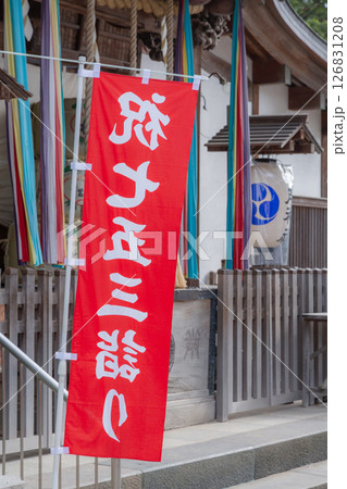 【日本】千葉県の松戸神社の本殿前に立てられた祝七五三詣りの赤い幟 126831208