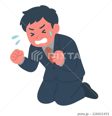 膝をつき涙を流して悔しがるスーツ姿の男性、失敗に打ちひしがれるビジネスマンのイラスト、悔しさに拳を握 膝をつき涙を流して悔しがるスーツ姿の男性、失敗に打ちひしがれるビジネスマンのイラスト、悔しさに拳を握 126831455