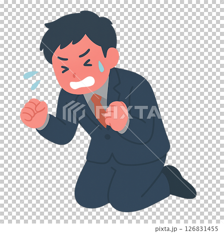 膝をつき涙を流して悔しがるスーツ姿の男性、失敗に打ちひしがれるビジネスマンのイラスト、悔しさに拳を握 膝をつき涙を流して悔しがるスーツ姿の男性、失敗に打ちひしがれるビジネスマンのイラスト、悔しさに拳を握 126831455