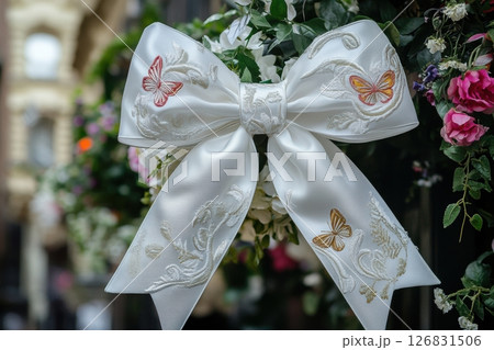 Elegant white bow adorned with butterflies charming floral display urban setting decorative art 126831506