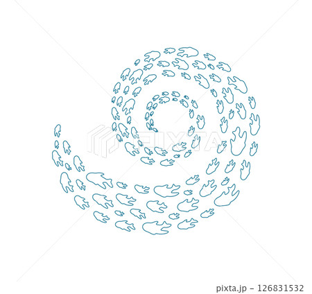Swirling fish school silhouette. Many aquatic creatures swim in a round pattern. Cartoon design, outline style, perfect for summer projects and marine life representations. 126831532