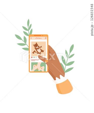 A hand holds a smartphone displaying a social media app. A person uses their mobile device to engage with digital media. The smartphone screen shows content from the application, flat style, perfect A hand holds a smartphone displaying a social media app. A person uses their mobile device to engage with digital media. The smartphone screen shows content from the application, flat style, perfect 126831548